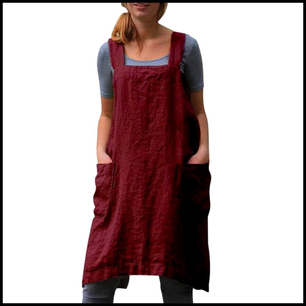 Cross Back Linen Apron Smock with Pockets for Baking Cooking Gardening Unisex